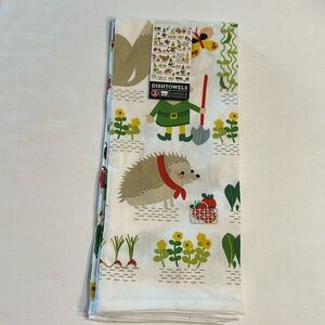 Set of 2 Cotton Dishtowels Gnome Sweet Gnome Print Gardening Gnomes Hedgehog NWT